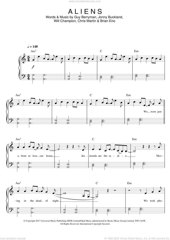 A L I E N S sheet music for piano solo by Coldplay, Brian Eno, Chris Martin, Guy Berryman, Jonathan Buckland and William Champion, easy skill level