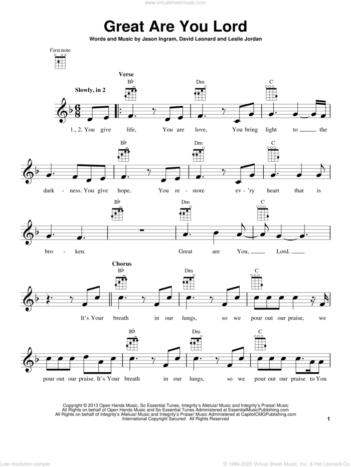 Great Are You Lord sheet music for ukulele by Jason Ingram, David Leonard and Leslie Jordan, intermediate skill level