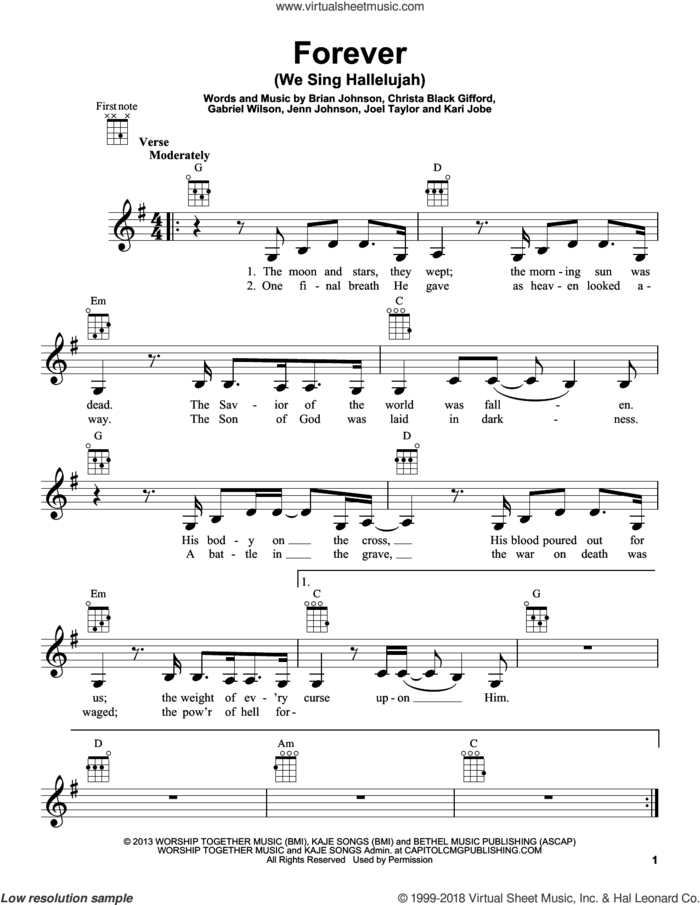 Forever (We Sing Hallelujah) sheet music for ukulele by Christa Black Gifford, Brian Johnson, Gabriel Wilson, Jenn Johnson, Joel Taylor and Kari Jobe, intermediate skill level
