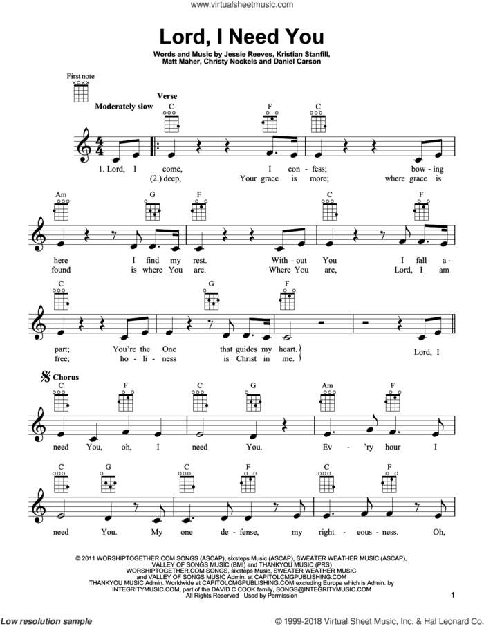 Lord, I Need You sheet music for ukulele by Passion, Christy Nockels, Daniel Carson, Jesse Reeves, Kristian Stanfill and Matt Maher, intermediate skill level