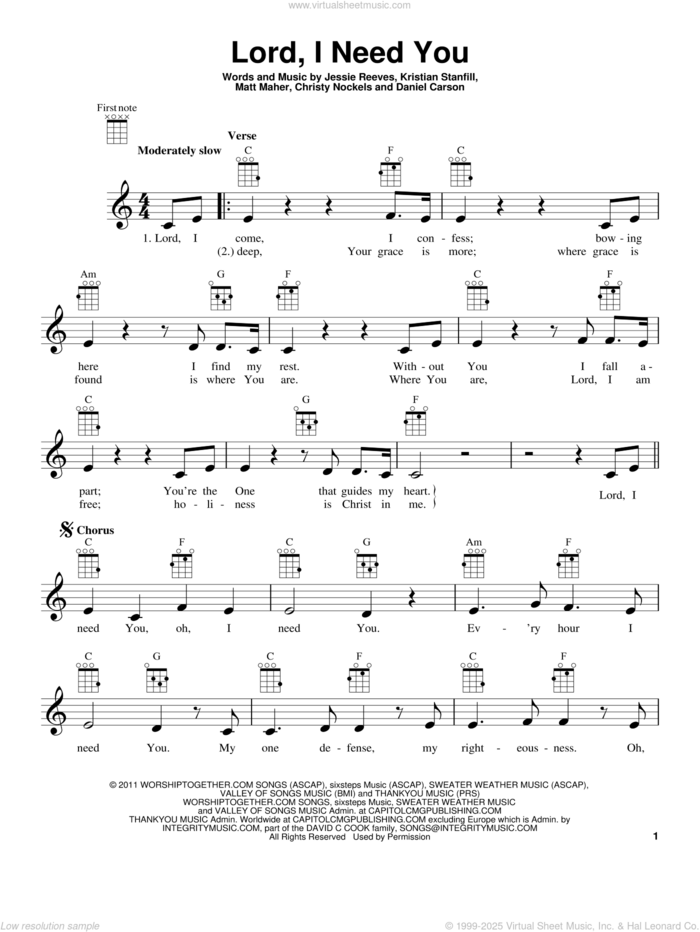 Lord, I Need You sheet music for ukulele by Passion, Christy Nockels, Daniel Carson, Jesse Reeves, Kristian Stanfill and Matt Maher, intermediate skill level