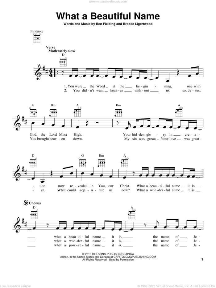 What A Beautiful Name sheet music for ukulele by Hillsong Worship, Ben Fielding and Brooke Ligertwood, intermediate skill level