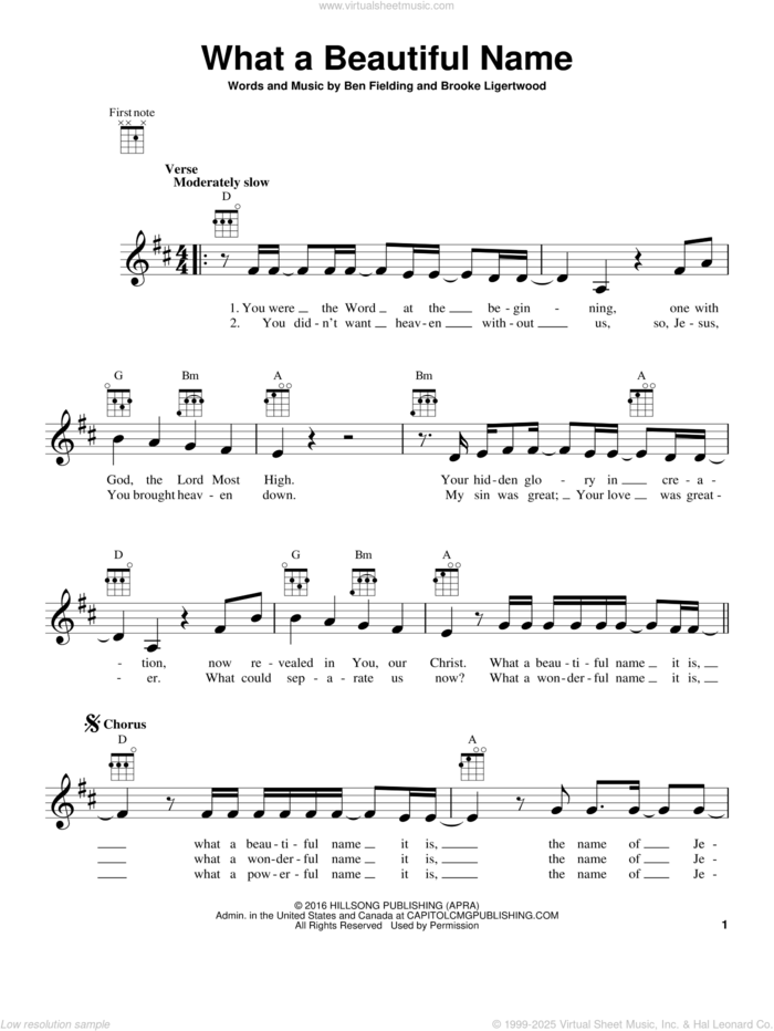 What A Beautiful Name sheet music for ukulele by Hillsong Worship, Ben Fielding and Brooke Ligertwood, intermediate skill level