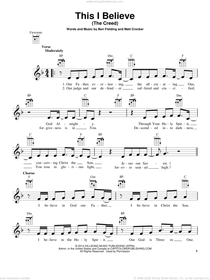 This I Believe (The Creed) sheet music for ukulele by Hillsong Worship, Ben Fielding and Matt Crocker, intermediate skill level