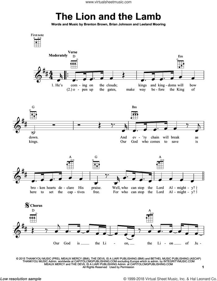 The Lion And The Lamb sheet music for ukulele by Big Daddy Weave, Brenton Brown, Brian Johnson and Leeland Mooring, intermediate skill level