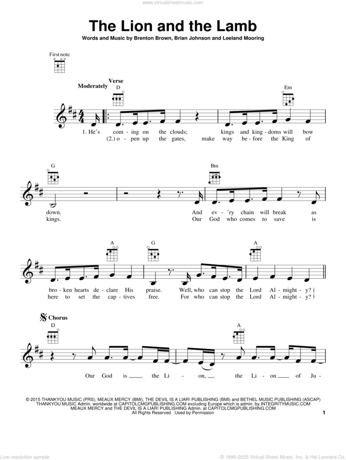 The Lion And The Lamb sheet music for ukulele by Big Daddy Weave, Brenton Brown, Brian Johnson and Leeland Mooring, intermediate skill level