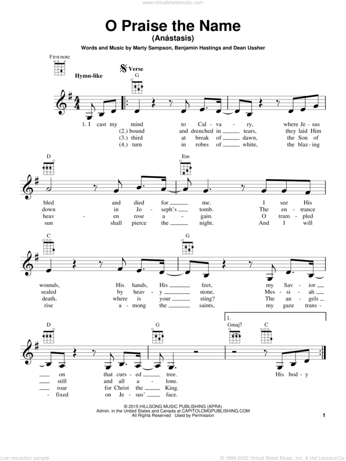 O Praise The Name (Anastasis) sheet music for ukulele by Hillsong Worship, Benjamin Hastings, Dean Ussher and Marty Sampson, intermediate skill level
