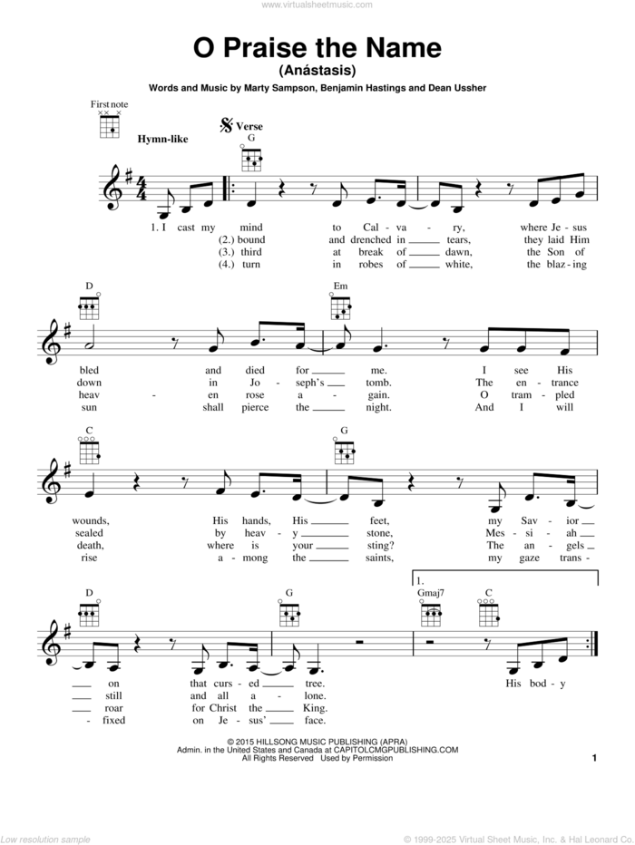 O Praise The Name (Anastasis) sheet music for ukulele by Hillsong Worship, Benjamin Hastings, Dean Ussher and Marty Sampson, intermediate skill level