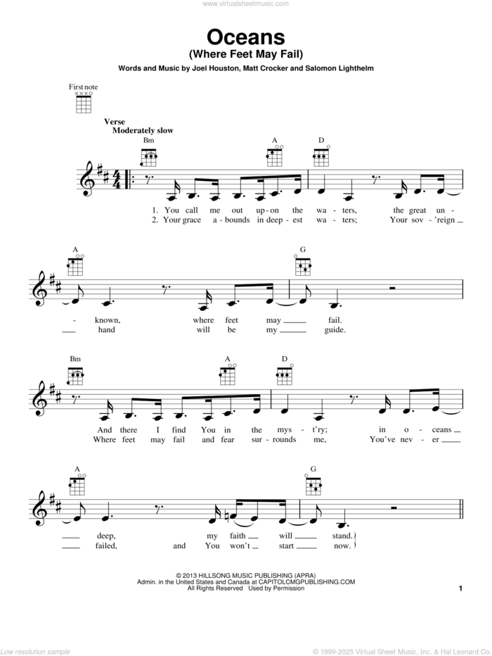 Oceans (Where Feet May Fail) sheet music for ukulele by Hillsong United, Joel Houston, Matt Crocker and Salomon Lighthelm, intermediate skill level