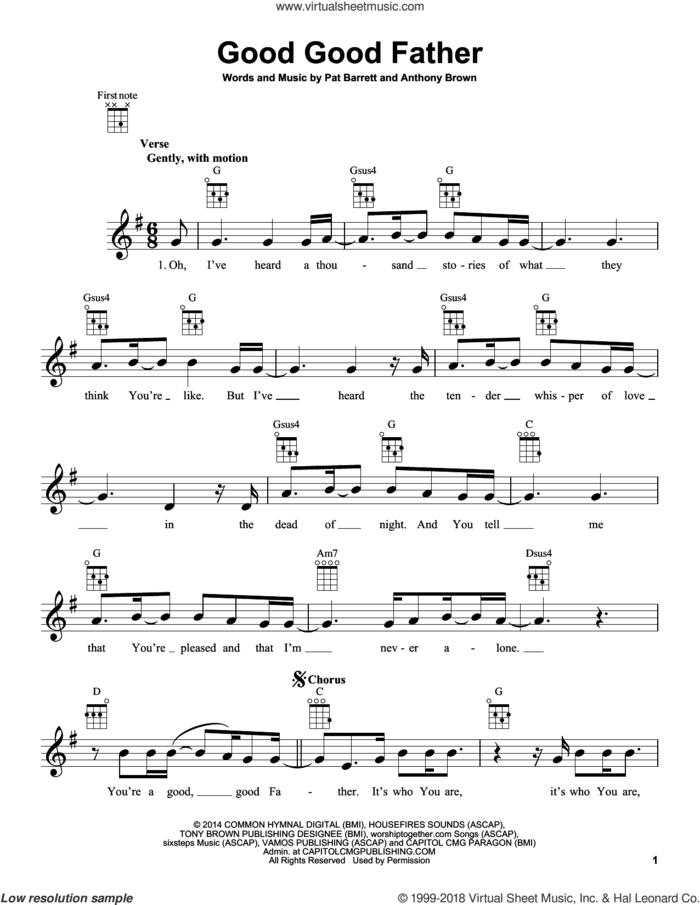 Good Good Father sheet music for ukulele by Pat Barrett, Chris Tomlin and Anthony Brown, intermediate skill level