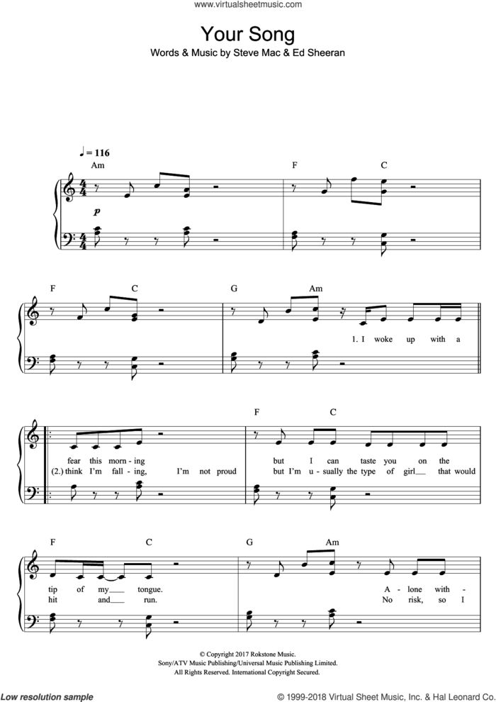 Your Song sheet music for piano solo by Rita Ora, Ed Sheeran and Steve Mac, easy skill level