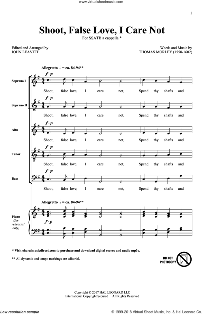 Shoot, False Love, I Care Not sheet music for choir (SATB: soprano, alto, tenor, bass) by Thomas Morley and John Leavitt, intermediate skill level