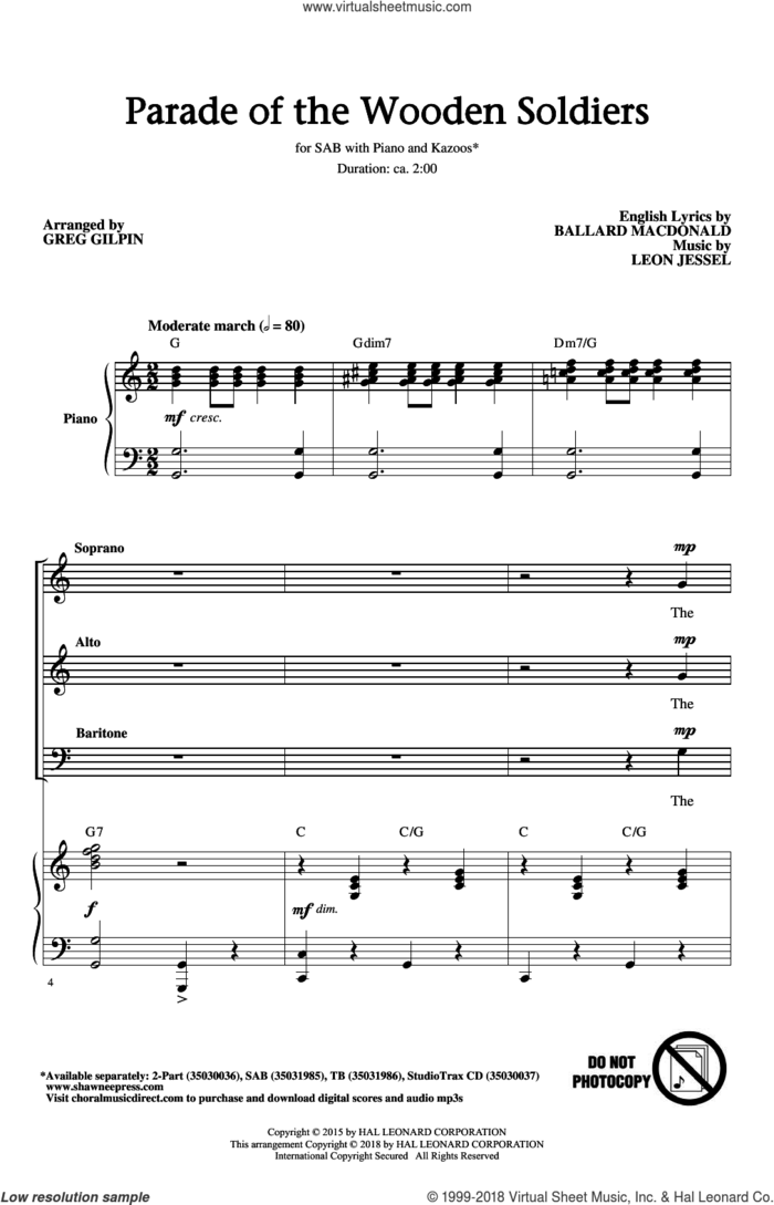 Parade Of The Wooden Soldiers (arr. Greg Gilpin) sheet music for choir (SAB: soprano, alto, bass) by Ballard MacDonald, Greg Gilpin and Leon Jessel, intermediate skill level