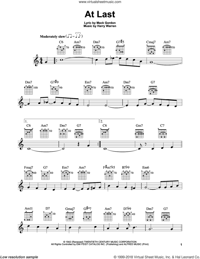 At Last sheet music for guitar solo (chords) by Harry Warren, Celine Dion, Etta James and Mack Gordon, easy guitar (chords)