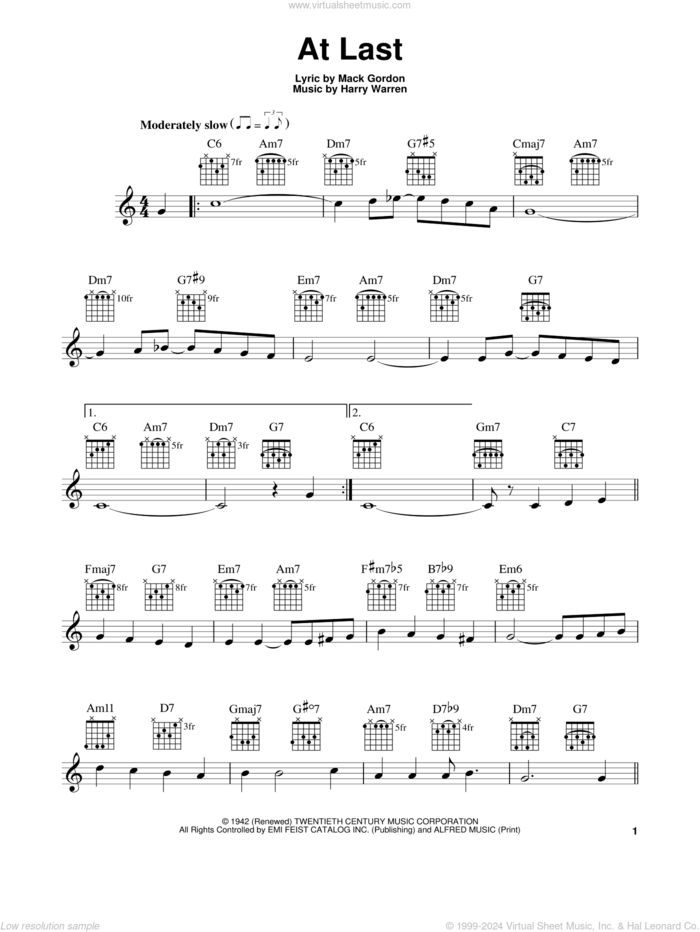 At Last sheet music for guitar solo (chords) by Harry Warren, Celine Dion, Etta James and Mack Gordon, wedding score, easy guitar (chords)