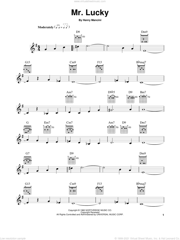 Mr. Lucky sheet music for guitar solo (chords) by Henry Mancini, easy guitar (chords)