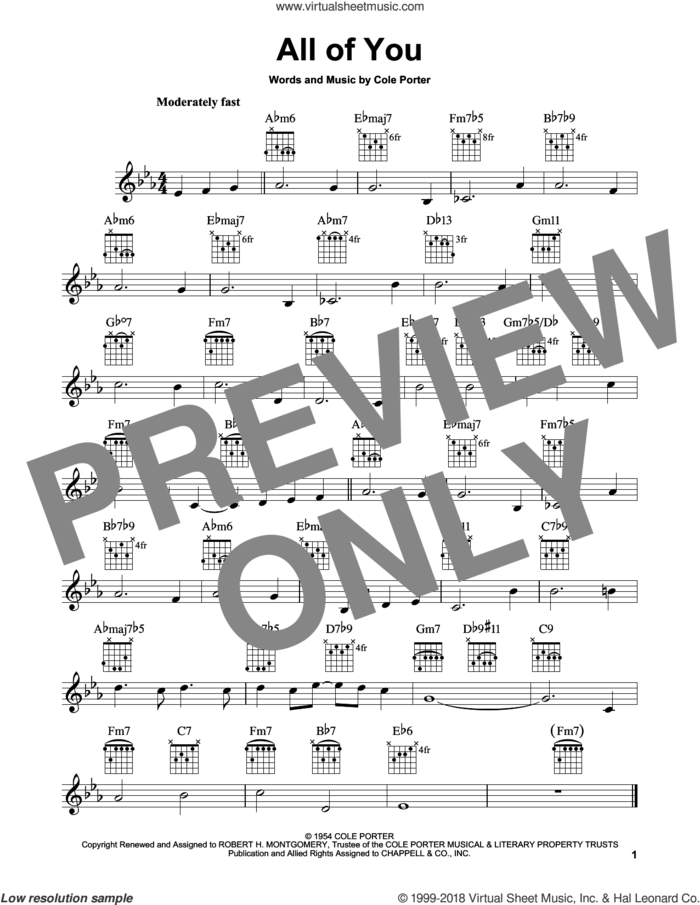 All Of You sheet music for guitar solo (chords) by Cole Porter, Don Ameche and Fred Astaire & Carol Richards, easy guitar (chords)