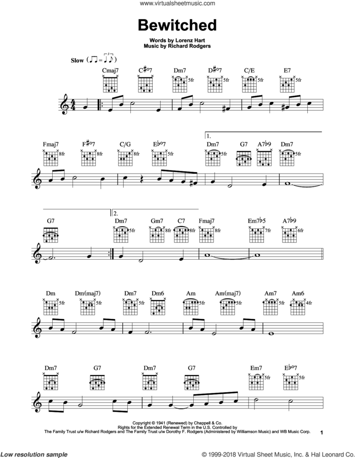 Bewitched sheet music for guitar solo (chords) by Rodgers & Hart, Lorenz Hart and Richard Rodgers, easy guitar (chords)