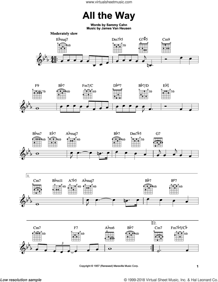 All The Way sheet music for guitar solo (chords) by Frank Sinatra, Jimmy van Heusen and Sammy Cahn, easy guitar (chords)