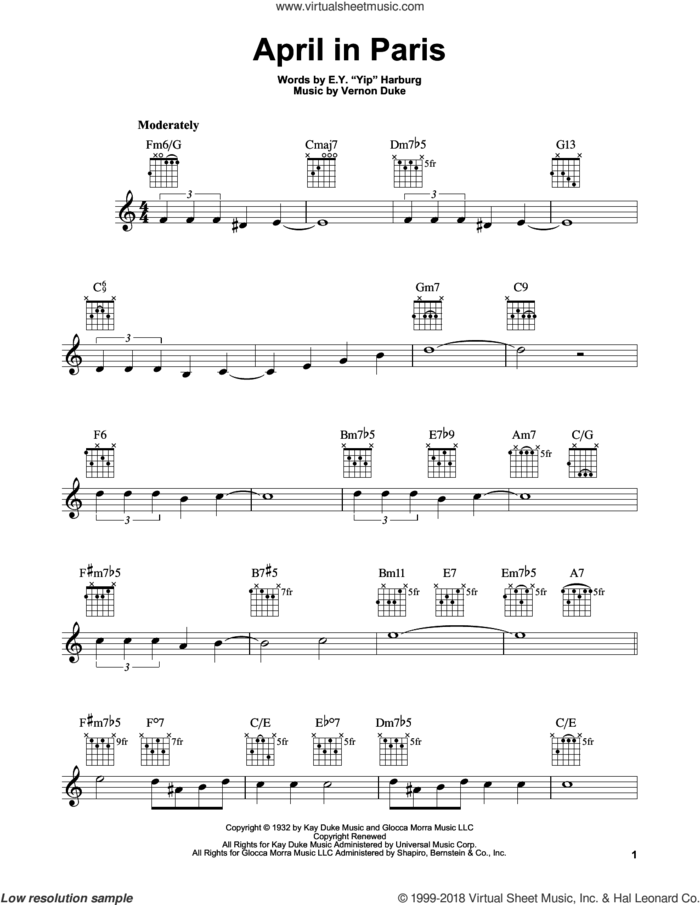 April In Paris sheet music for guitar solo (chords) by E.Y. Harburg, Coleman Hawkins, Modernaires and Vernon Duke, easy guitar (chords)