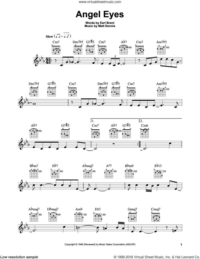 Angel Eyes sheet music for guitar solo (chords) by Earl Brent and Matt Dennis, easy guitar (chords)