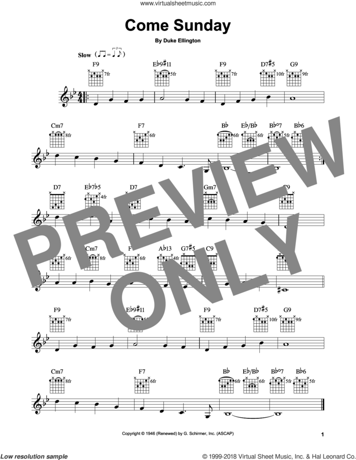 Come Sunday sheet music for guitar solo (chords) by Duke Ellington, easy guitar (chords)