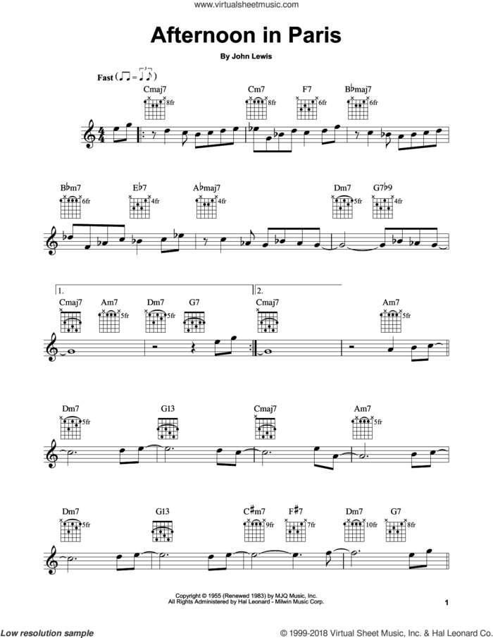 Afternoon In Paris sheet music for guitar solo (chords) by John Lewis, easy guitar (chords)