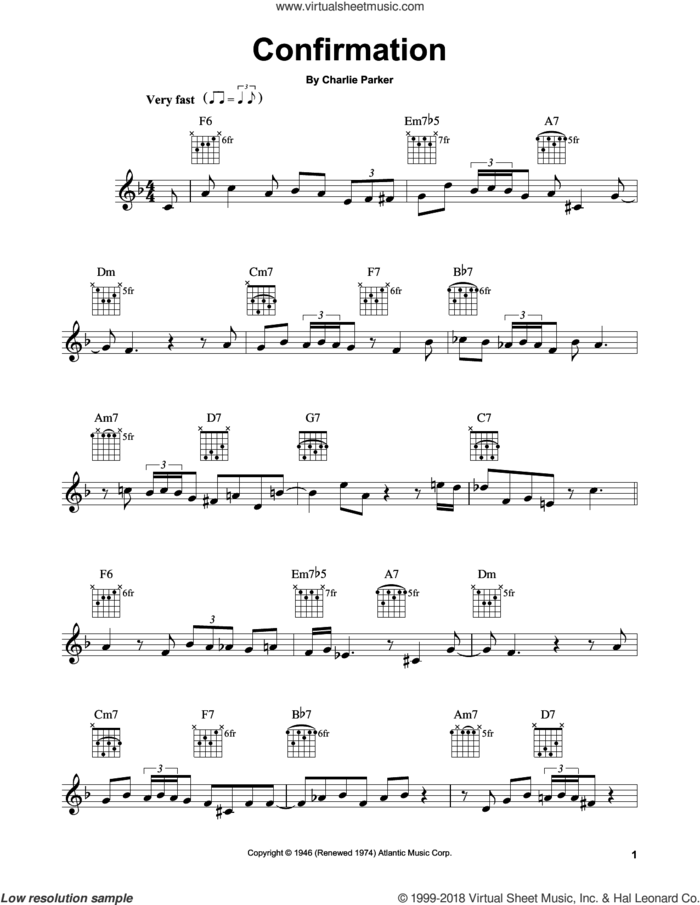 Confirmation sheet music for guitar solo (chords) by Charlie Parker, easy guitar (chords)