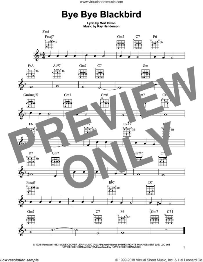 Bye Bye Blackbird sheet music for guitar solo (chords) by Ray Henderson and Mort Dixon, easy guitar (chords)