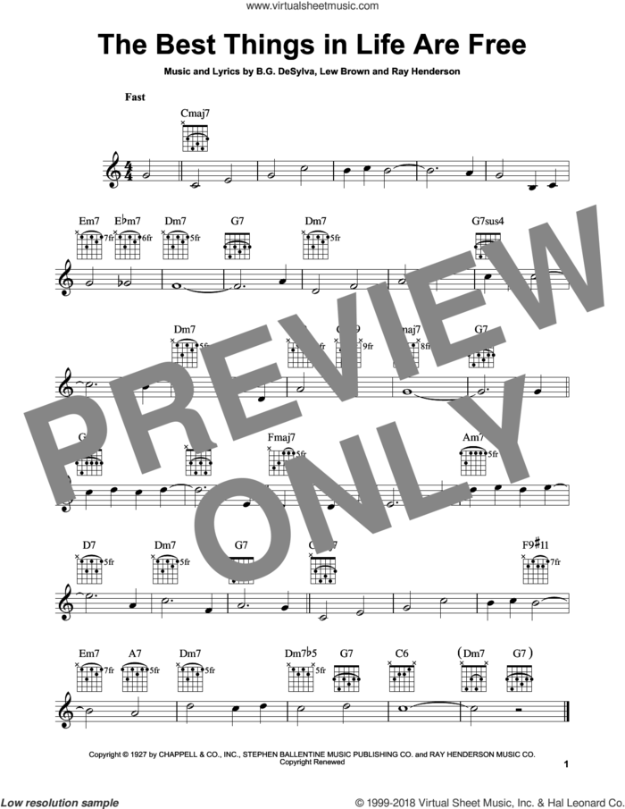 The Best Things In Life Are Free sheet music for guitar solo (chords) by Ray Henderson, Buddy DeSylva and Lew Brown, easy guitar (chords)