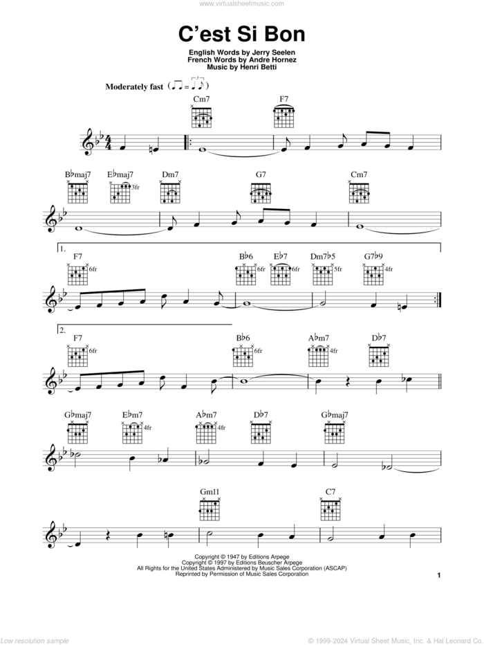 C'est Si Bon sheet music for guitar solo (chords) by Henri Betti, Andre Hornez and Jerry Seelen, easy guitar (chords)