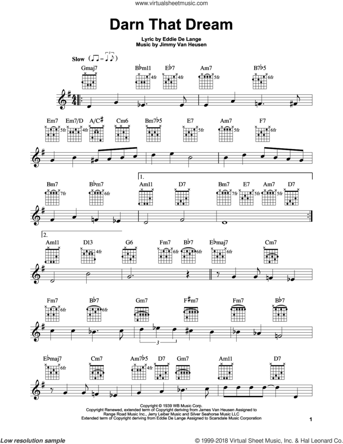Darn That Dream sheet music for guitar solo (chords) by Jimmy Van Heusen, Benny Goodman, Miles Davis, Tommy Dorsey and Eddie DeLange, easy guitar (chords)