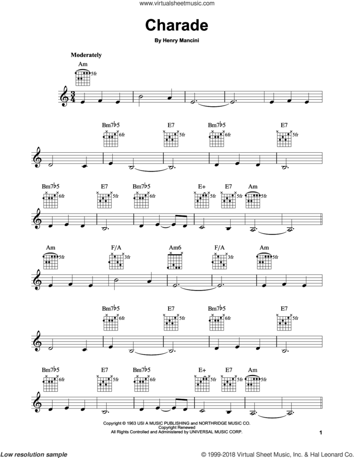 Charade, (easy) sheet music for guitar solo (chords) by Henry Mancini, easy guitar (chords)