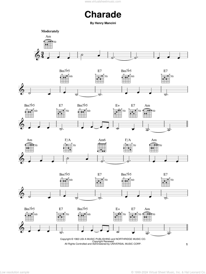 Charade, (easy) sheet music for guitar solo (chords) by Henry Mancini, easy guitar (chords)