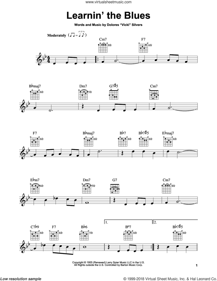 Learnin' The Blues sheet music for guitar solo (chords) by Rosemary Clooney and Dolores Vicki Silvers, easy guitar (chords)