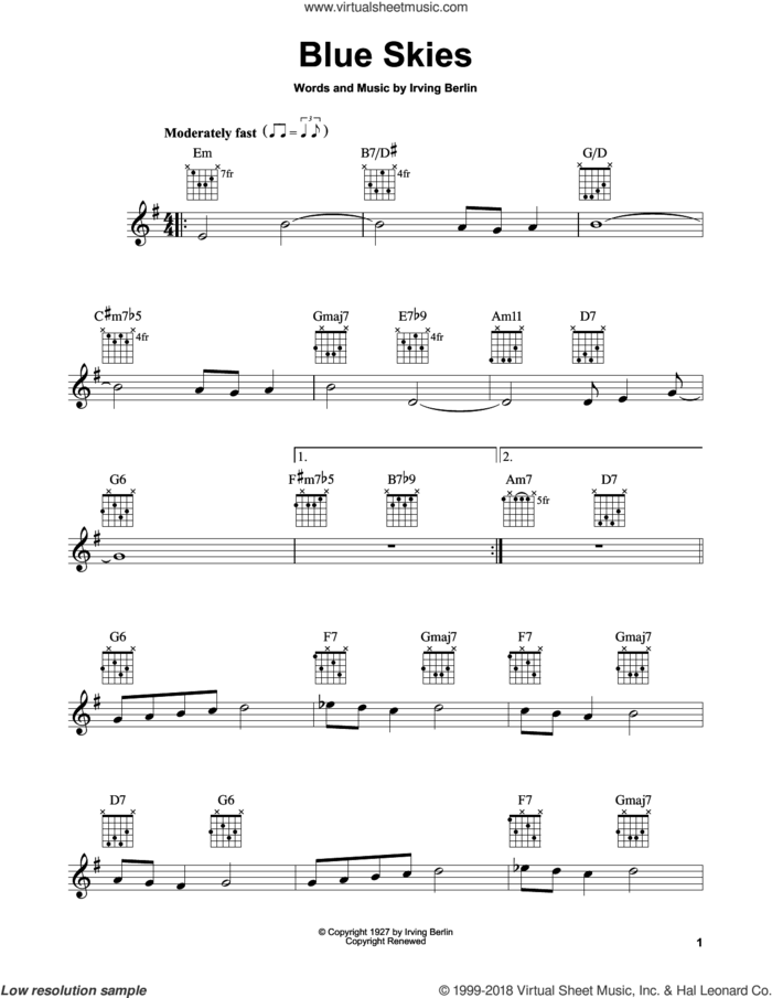 Blue Skies sheet music for guitar solo (chords) by Irving Berlin and Willie Nelson, easy guitar (chords)