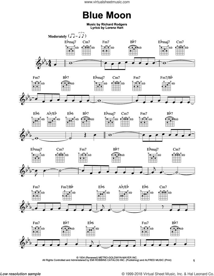 Blue Moon sheet music for guitar solo (chords) by Rodgers & Hart, Elvis Presley, The Marcels, Lorenz Hart and Richard Rodgers, easy guitar (chords)
