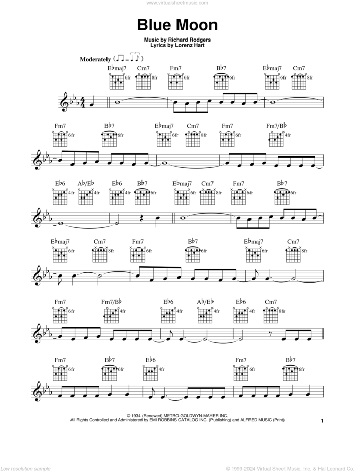 Blue Moon sheet music for guitar solo (chords) by Rodgers & Hart, Elvis Presley, The Marcels, Lorenz Hart and Richard Rodgers, easy guitar (chords)