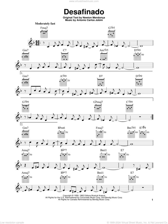 Desafinado sheet music for guitar solo (chords) by Antonio Carlos Jobim and Newton Mendonca, easy guitar (chords)