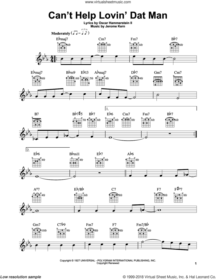 Can't Help Lovin' Dat Man sheet music for guitar solo (chords) by Oscar II Hammerstein and Jerome Kern, easy guitar (chords)