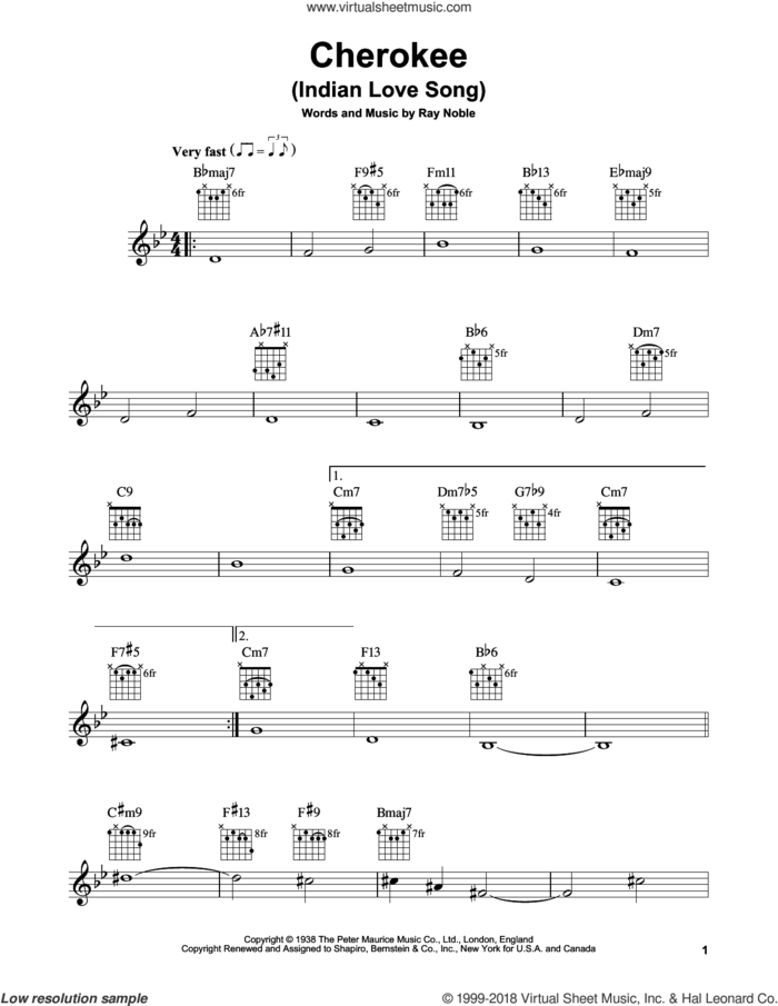 Cherokee (Indian Love Song) sheet music for guitar solo (chords) by Ray Noble, easy guitar (chords)
