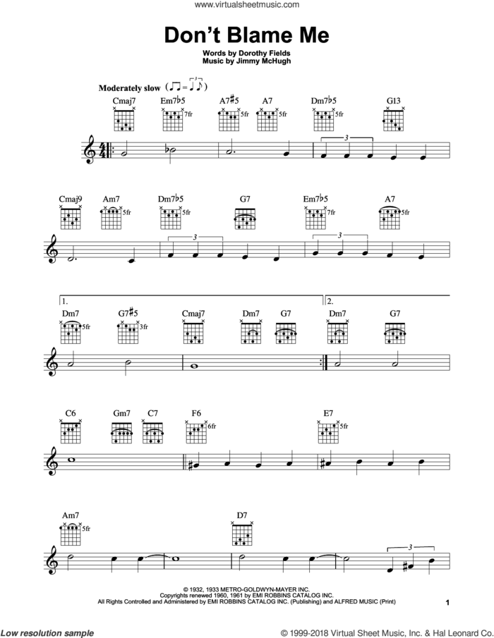 Don't Blame Me sheet music for guitar solo (chords) by Dorothy Fields and Jimmy McHugh, easy guitar (chords)