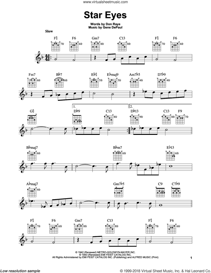 Star Eyes sheet music for guitar solo (chords) by Don Raye, Charlie Parker and Gene DePaul, easy guitar (chords)