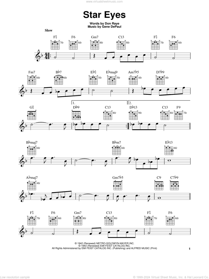 Star Eyes sheet music for guitar solo (chords) by Don Raye, Charlie Parker and Gene DePaul, easy guitar (chords)