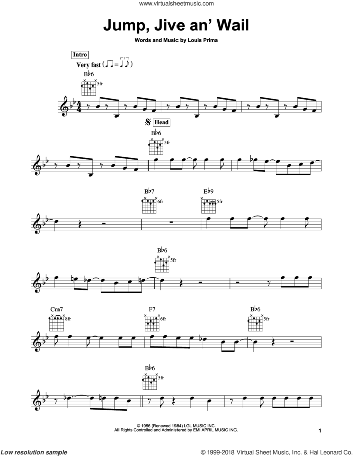 Jump, Jive An' Wail sheet music for guitar solo (chords) by Louis Prima and Brian Setzer, easy guitar (chords)
