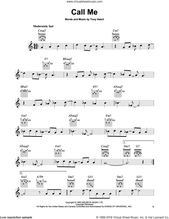 Call Me sheet music for guitar solo (chords) by Tony Hatch and California Chris Montez, easy guitar (chords)