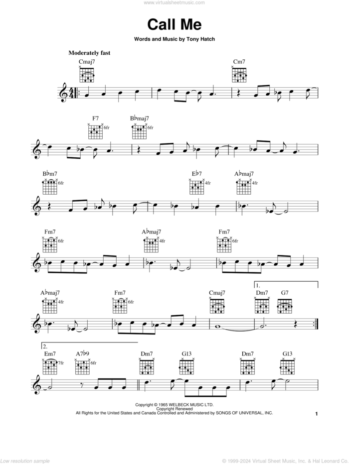 Call Me sheet music for guitar solo (chords) by Tony Hatch, California Chris Montez and Chris Montez, easy guitar (chords)