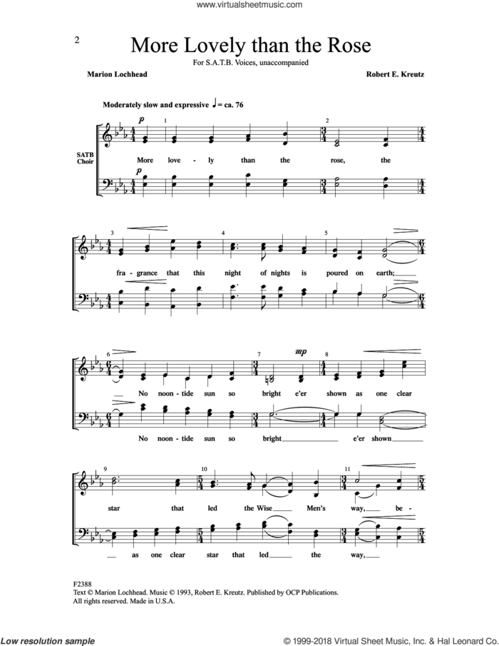 More Lovely than the Rose sheet music for choir (SATB: soprano, alto, tenor, bass) by Marion Lochhead and Robert E. Kreutz, intermediate skill level