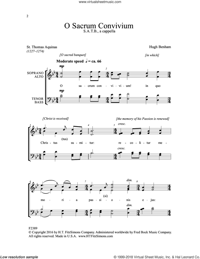 O Sacrum Convivium sheet music for choir (SATB: soprano, alto, tenor, bass) by Hugh Benham and St. Thomas Aquinas, intermediate skill level