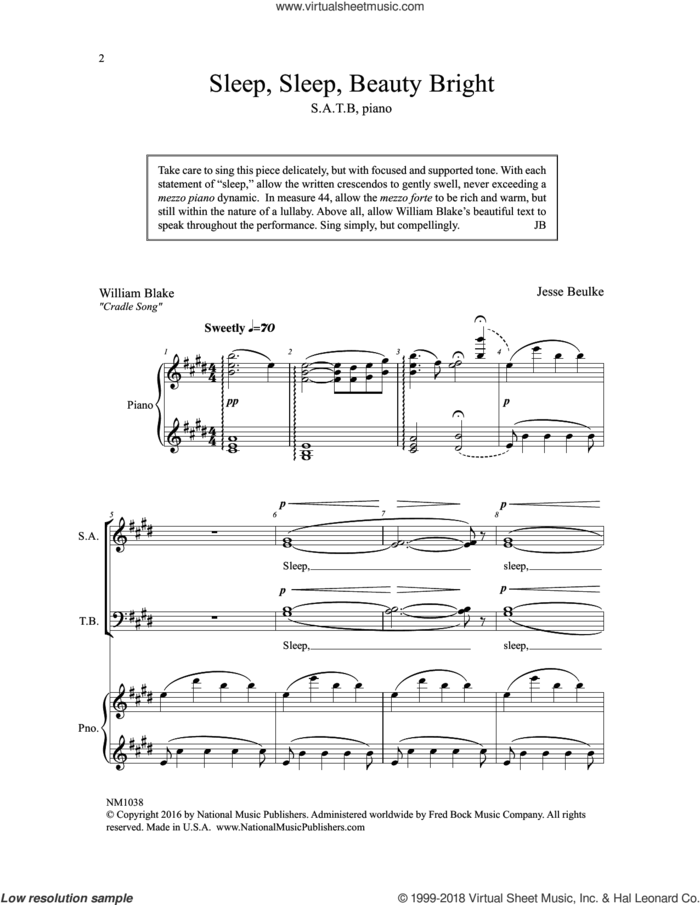 Sleep, Sleep Beauty Bright sheet music for choir (SATB: soprano, alto, tenor, bass) by Jesse Beulke and William Blake, intermediate skill level
